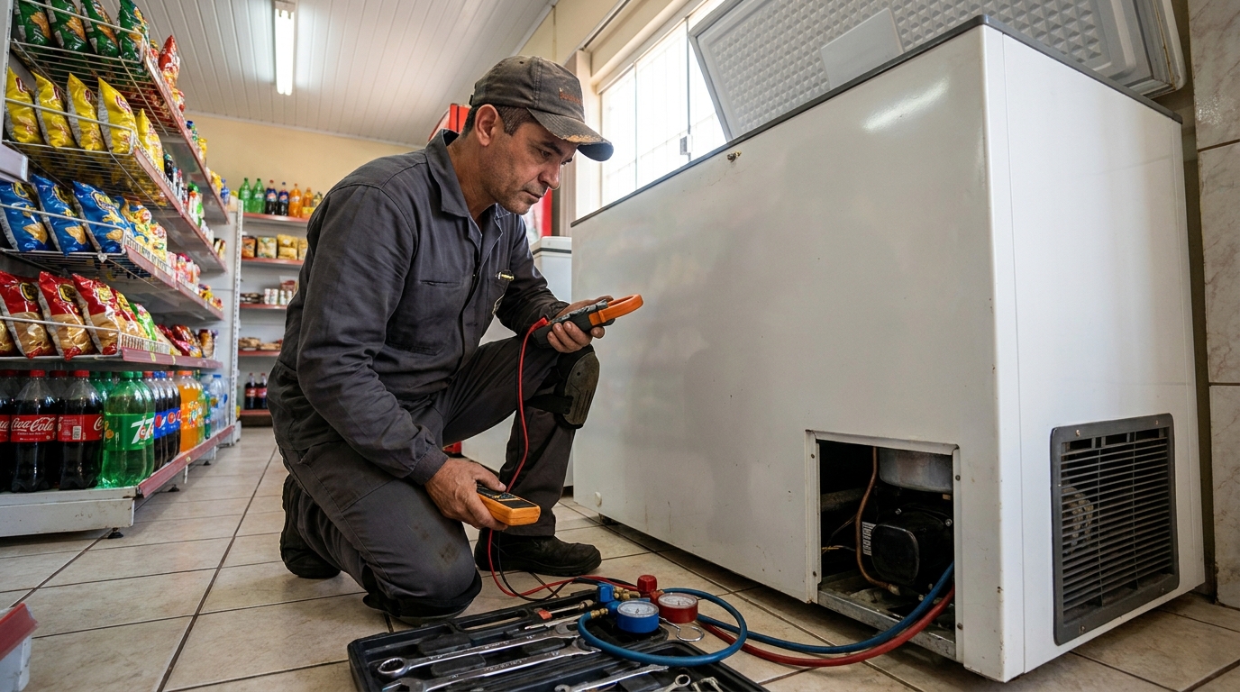Reparo da placa eletrônica de um freezer em atendimento em Joinville‑SC