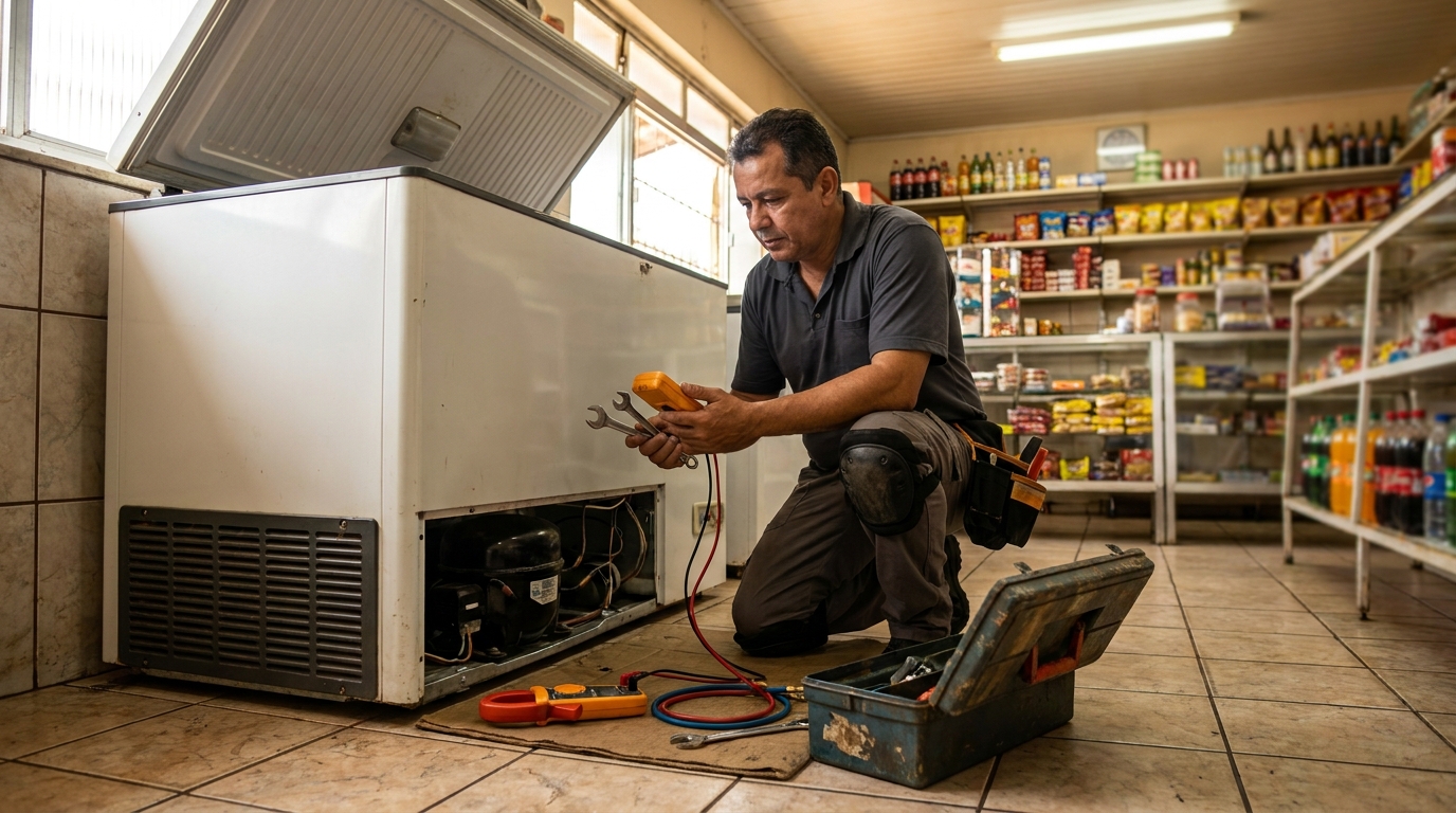 Técnico reparando o motor de um freezer horizontal em Joinville‑SC