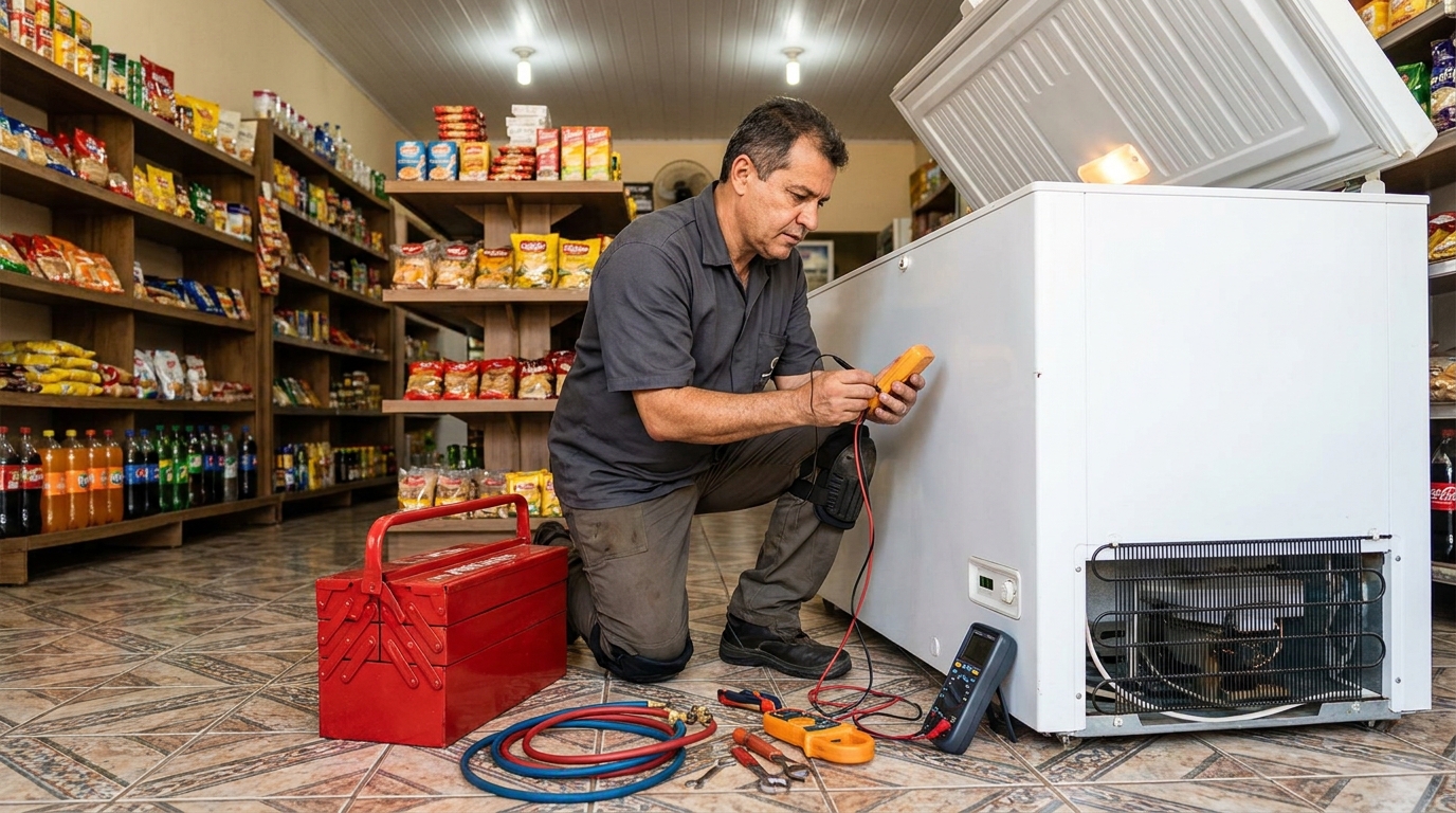 Manômetro conectado ao circuito durante recarga de gás de freezer em Joinville‑SC