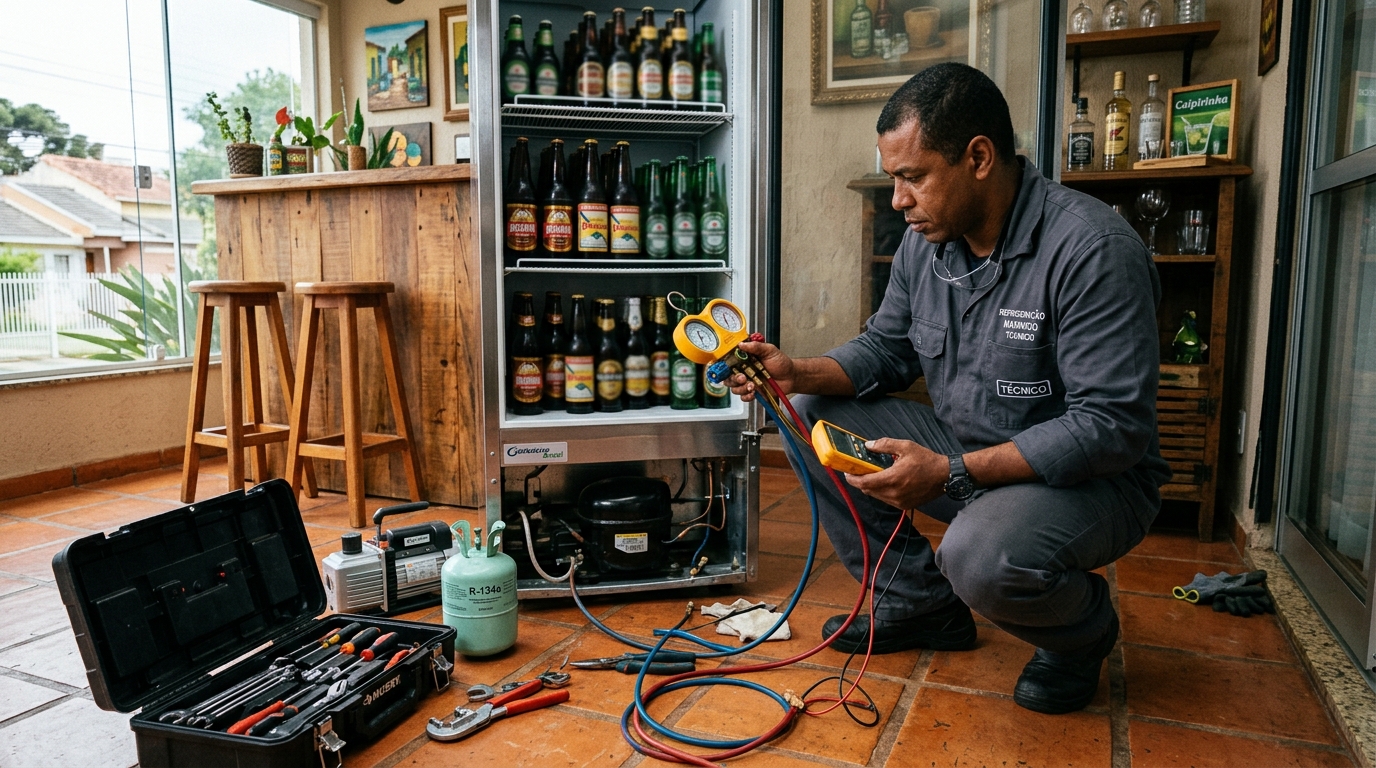 Técnico conferindo a temperatura de uma cervejeira durante atendimento em Joinville‑SC