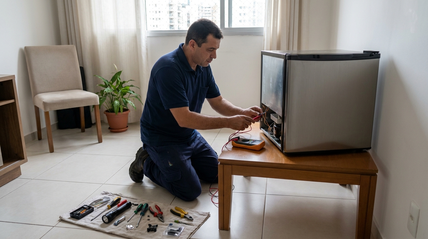 Técnico avaliando um frigobar compacto durante atendimento em Joinville‑SC